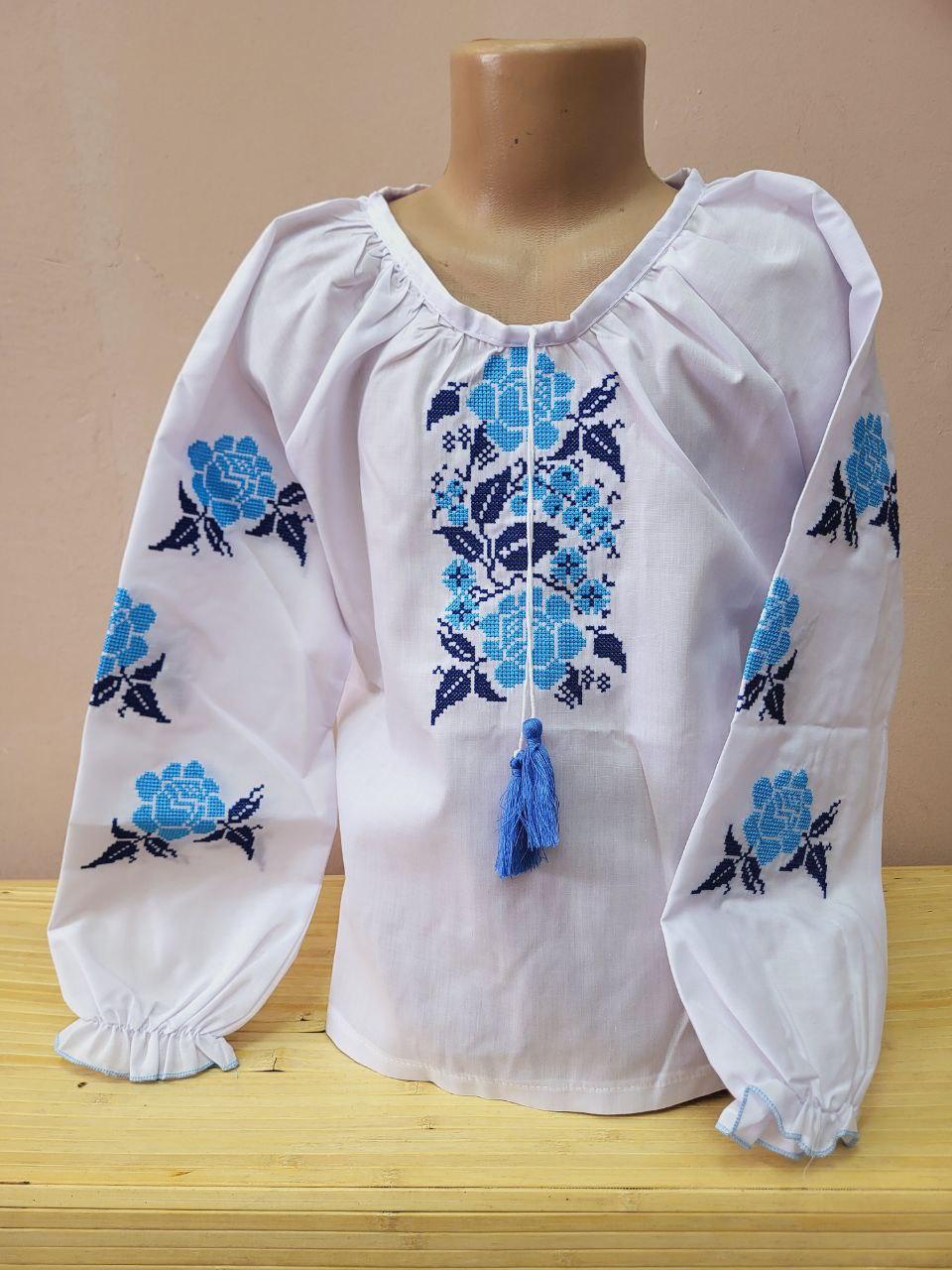 Опт Вишиванка для дівчаток з квітковою вишивкою р. 122-146, блакитний