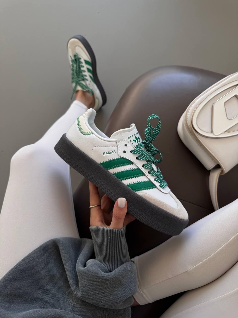 Білі шкіряні жіночі кросівки Adidas Samba Platform White / Green premium / Демісезонні кросівки Адідас Самба, фото 1