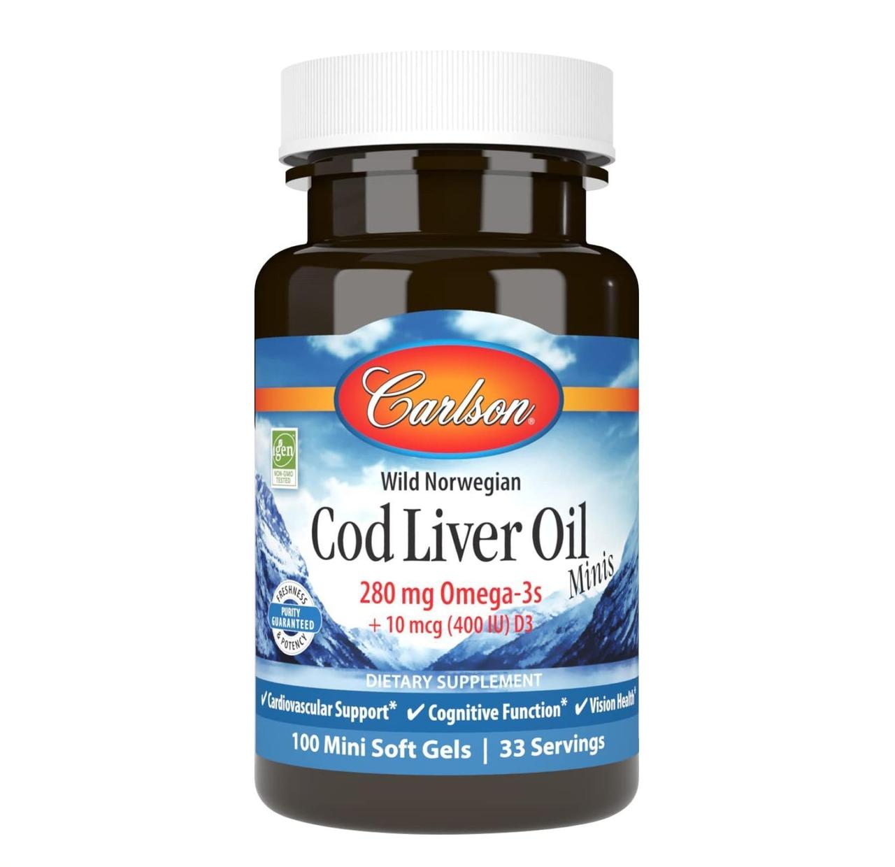 Жир печінки дикої норвезької тріски Carlson Cod Liver Oil 280 мг, 100 міні гелевих капсул, фото 1