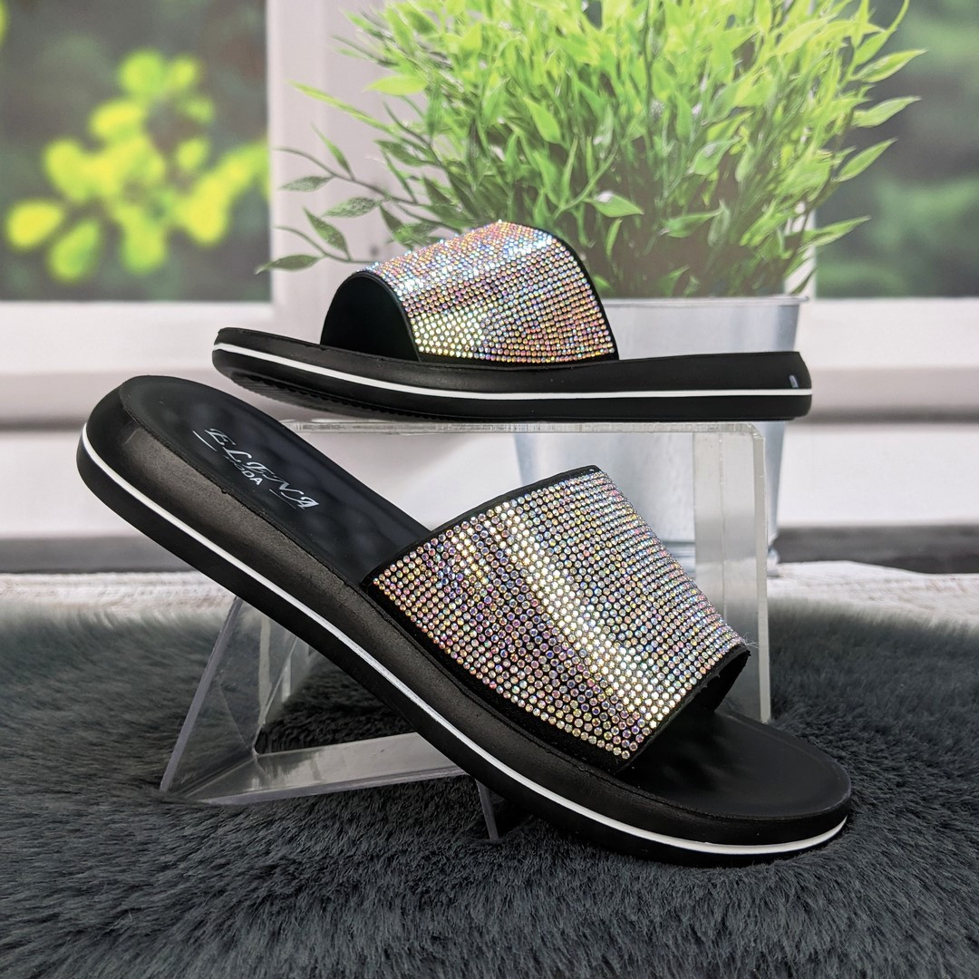 Шльопанці жіночі Elena чорні зі стразами на низькому ходу 4989