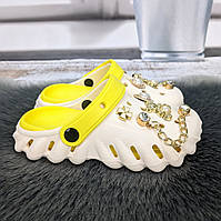 Крокси сабо дитячі для дівчинки Luke Line білі з жовтим з джибітсами біжутерією 5866