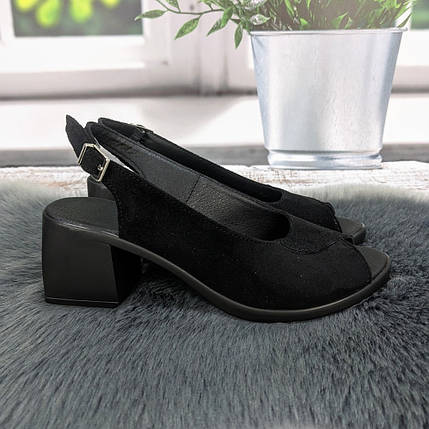 Босоніжки жіночі Sali чорні замшеві на підборах середньої висоти 4992, фото 1