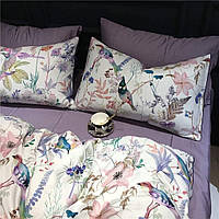 Комплект двоспальної постільної білизни з бавовни двосторонній Птахи та квіти Євро Максі Бузковий