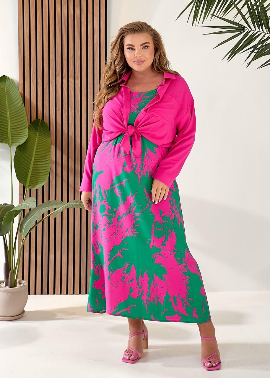 Сарафан БАТАЛ ЛІТНІЙ ШТАПЕЛЬ+СОРОЧКА Комплект р.48-62 Зелений з малиновим HARISMA 2025, фото 1
