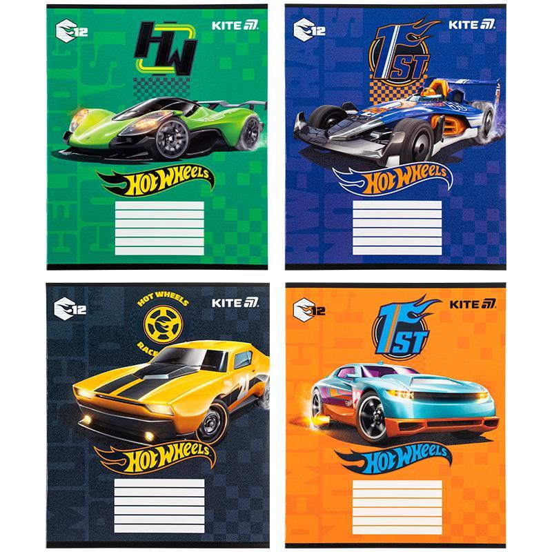 Зошит Kite Hot Wheels 12 арк. коса лінія гібр. лак + УФ лак мікс обкладинок (HW25-235)