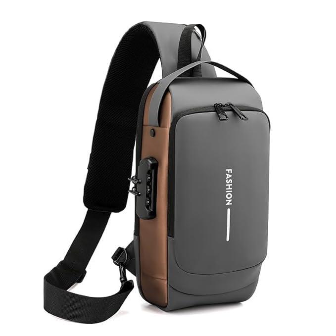 Сумка-рюкзак через плече Grey/Brown з USB-портом та кодовим замком, водостійка