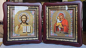 Вінчальні ікони Спаситель,П.Б Почаївська в темному дерев'яному кіоті під склом,розмір кіота 26×23,сюжет 15×18