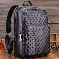 Кожаный мужской рюкзак большой и вместительный 30х41х12, наплечник повседневный с принтом, черный