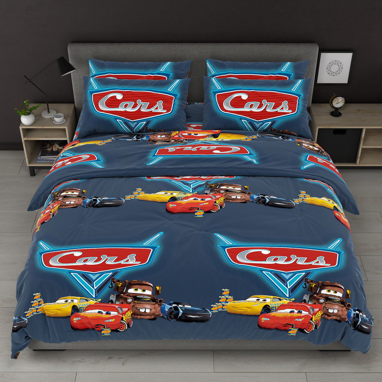 Наволочка на блискавці 70х70 (Бязь) | Від виробника "Королева Ночі" | Тачки, Блискавка Маквін на темно-синьому, фото 1