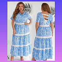 Жіноче літнє довге плаття сукня батал блакитна з принтом великих розмірів