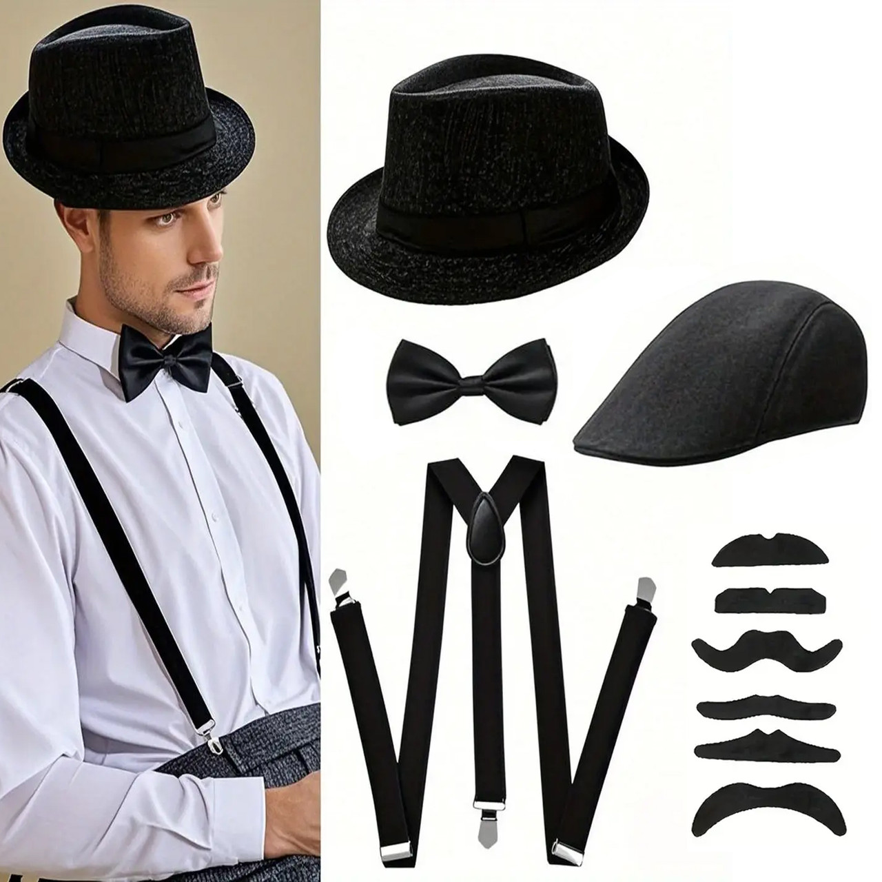 Костюм Гангстера, Мафії ретро 1920 року. Чоловічий костюм із підтяжками, капелюхом і метеликом, фото 1