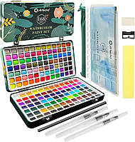 Акварельні фарби для малювання Arteco 168 кольорів, набір художні акварельні фарби кювета + пензлі струлка олівець папір палітра