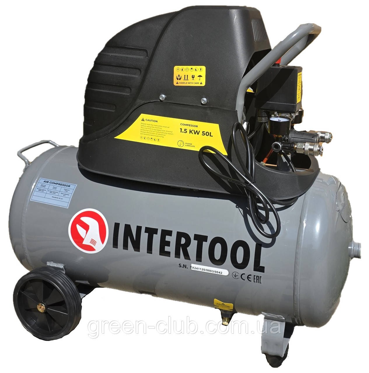 Компресор 50 л, 1.5 кВт, 220 В, 8 атм, 206 л/хв. INTERTOOL PT-0003