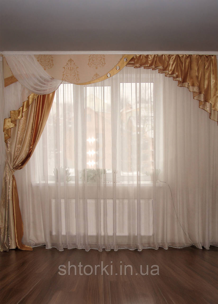 Жорсткий ламбрекен зі шторою Firanka Damask Корона 3м Золотистий з молочним (48ж)