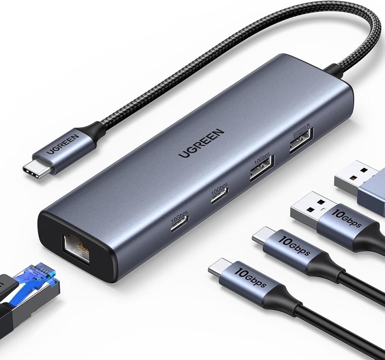 USB-концентратор UGREEN USB C to Ethernet Adapter 5 in 1 USB Hub Grey (CM512), фото 1