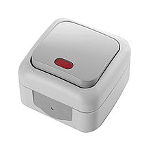 Вимикач прохідний 1 кл. з підсвіткою вологозахисний зовнішній VIKO Palmiye IP54 (сірого кольору)