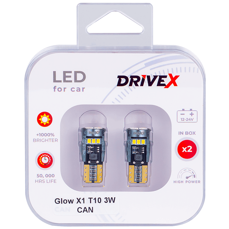 Led Лампи автомобільні Drive-X GLOW X1 T10 12-24 V 3 W CAN 400 Lm W5W Ø10 мм