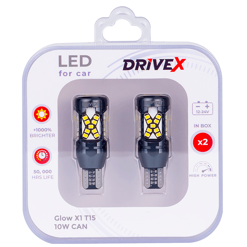 Led Лампи автомобільні Drive-X GLOW X1 T15 12-24 V 10 W CAN 1000 Lm W16W Ø10 мм