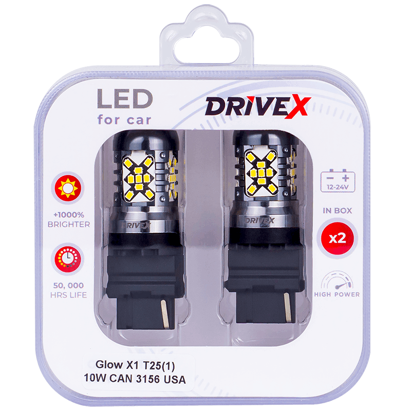 Led Лампи автомобільні Drive-X GLOW X1 T25(1) 12-24 V 10 W CAN 1200 Lm 3156/P27W Ø16 мм USA