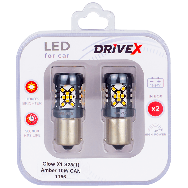 Led Лампи автомобільні Drive-X GLOW X1 S25(1) Amber 12-24 V 10 W CAN 1200 Lm 1156/P21W BA15S Ø15 мм