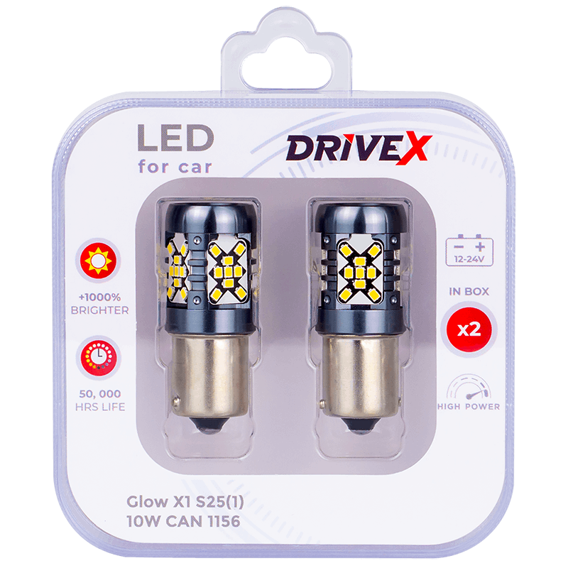 Led Лампи автомобільні Drive-X GLOW X1 S25(1) 12-24 V 10 W CAN 1200 Lm 1156/P21W BA15S Ø15 мм