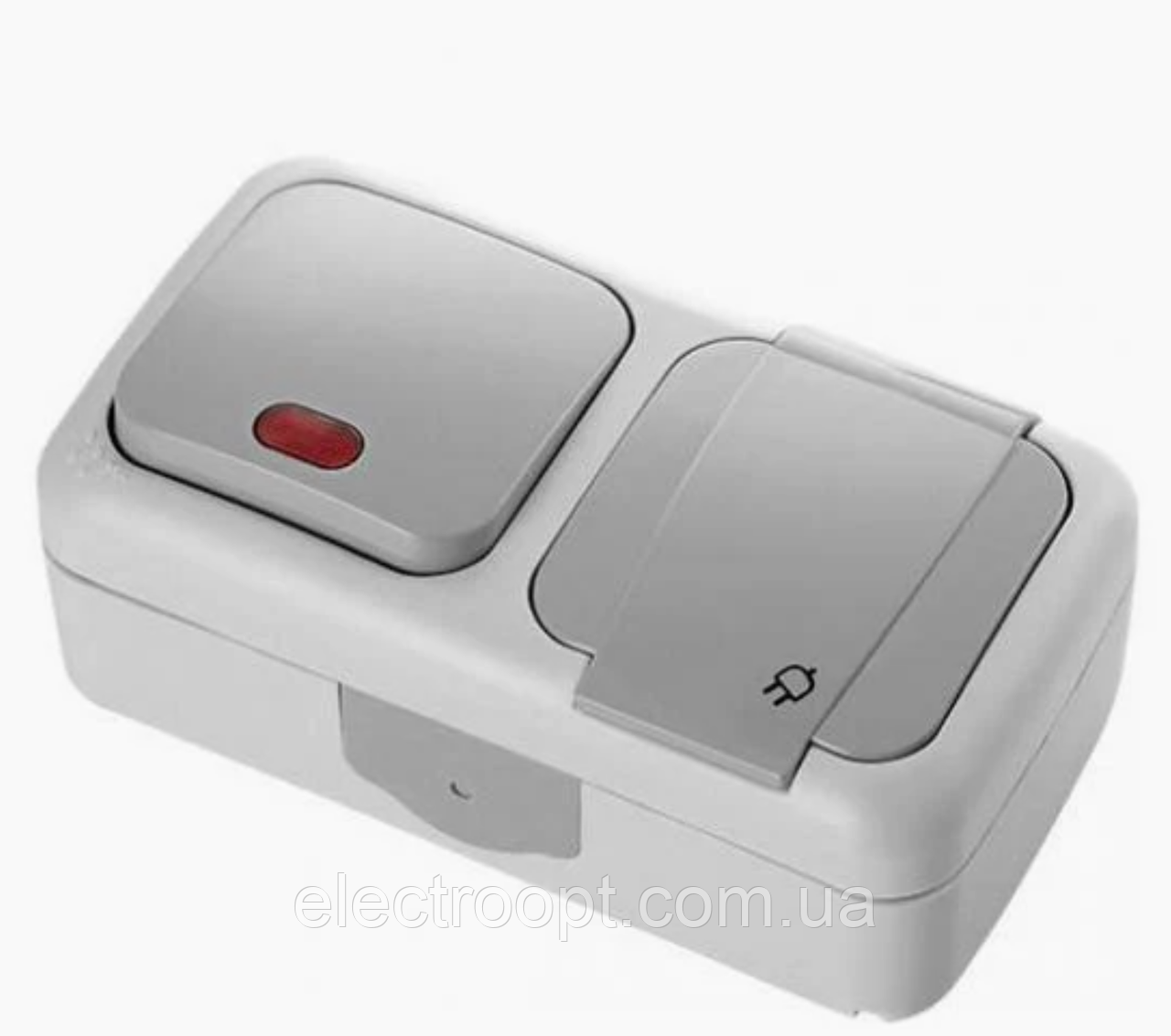 Вимикач 1кл. з підсвіткою + Розетка із заземленням та кришкою зовнішня вологозахищена VIKO Palmiye IP54 (сірого кольору)