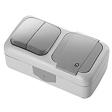 Вимикач 2кл. + Розетка із заземленням та кришкою зовнішня вологозахищена VIKO Palmiye IP54 (сірого кольору)