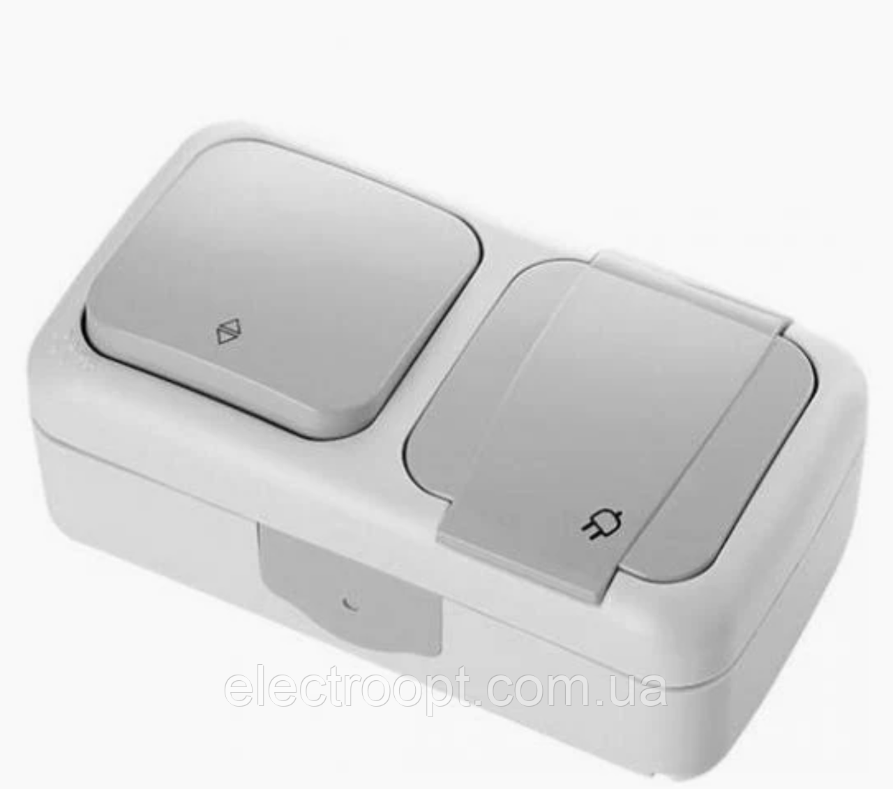 Вимикач 1кл. прохідний + Розетка із заземленням та кришкою зовнішня вологозахищена VIKO Palmiye IP54 (сірого кольору)