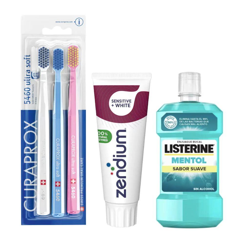 Набір зубних щіток Curaprox CS 5460/3 Ultra Soft+ паста Zendium Sensitive+White + ополіскувач LISTERINE mentol Sabor Suave 0% alc.