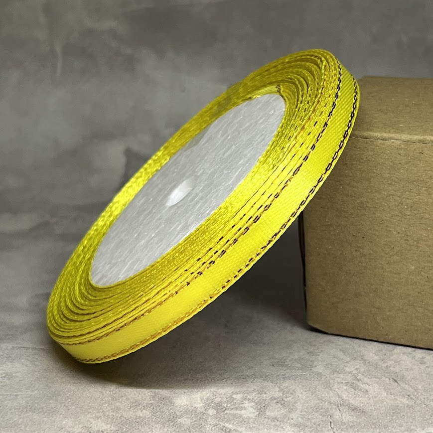 Атласна стрічка 0,6 см з золотим люрексом, арт 018428, жовтий, 22 метри, Жовтий, фото 1