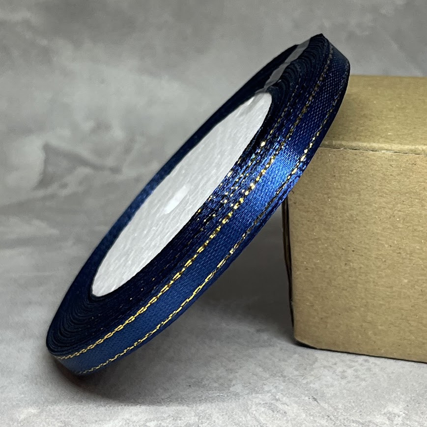 Атласна стрічка 0,6 см з золотим люрексом, арт 018429, темно-синій, 22 метри, Темно-синій, фото 1