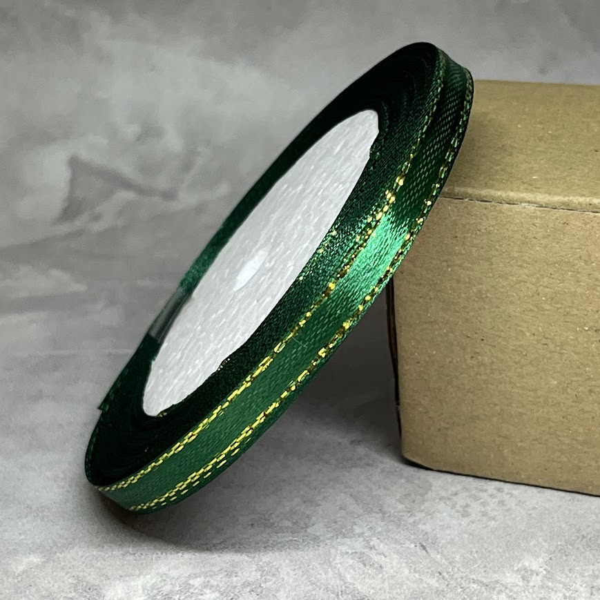 Атласна стрічка 0,6 см з золотим люрексом, арт 018430, смарагдовий, 22 метри, Смарагдовий, фото 1