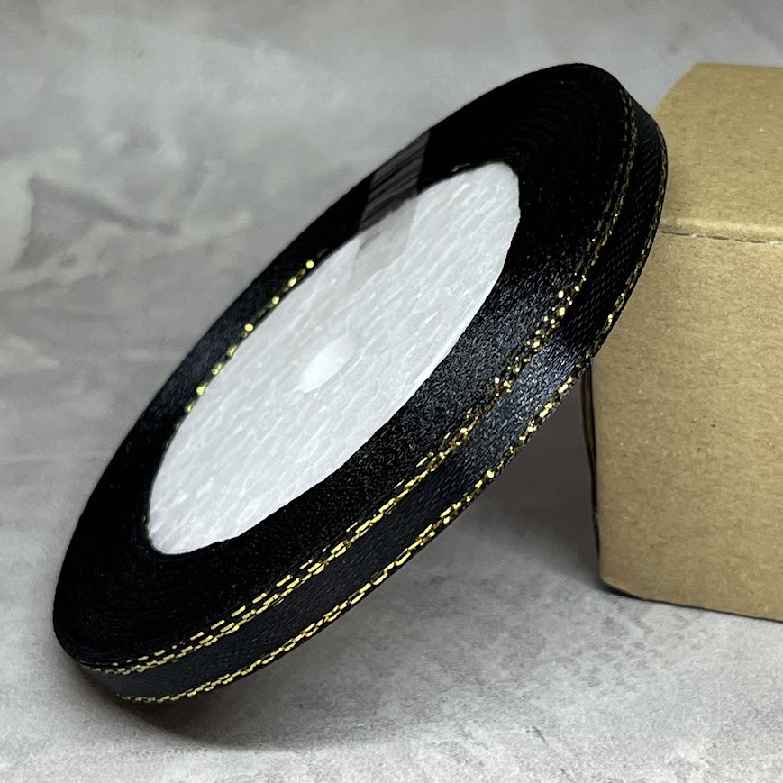 Атласна стрічка 0,6 см з золотим люрексом, арт 018431, чорний, 22 метри, Чорний, фото 1