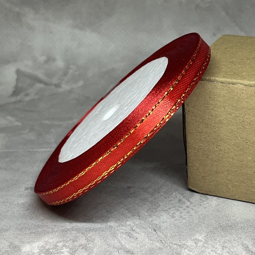 Атласна стрічка 0,6 см з золотим люрексом, арт 018432, червоний, 22 метри, Червоний, фото 1