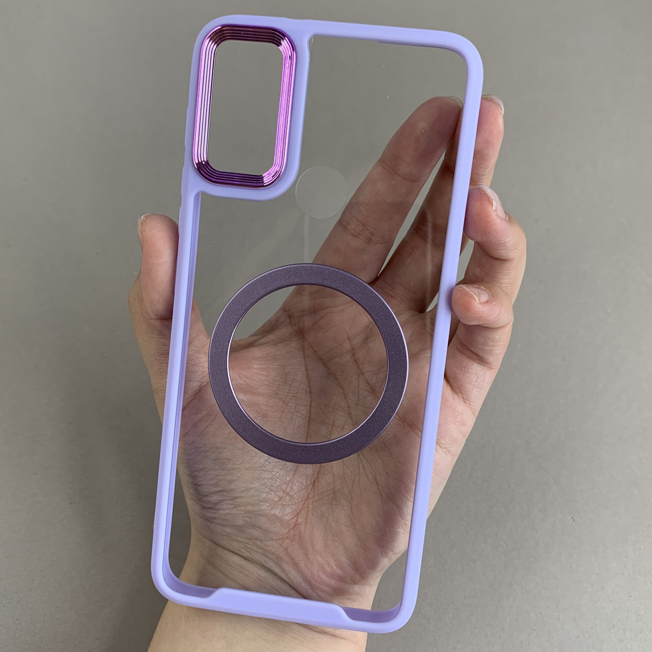 Чохол для Motorola E40 прозорий чохол із бузковою рамкою з кільцем магсейф на телефон моторола е40 q08j