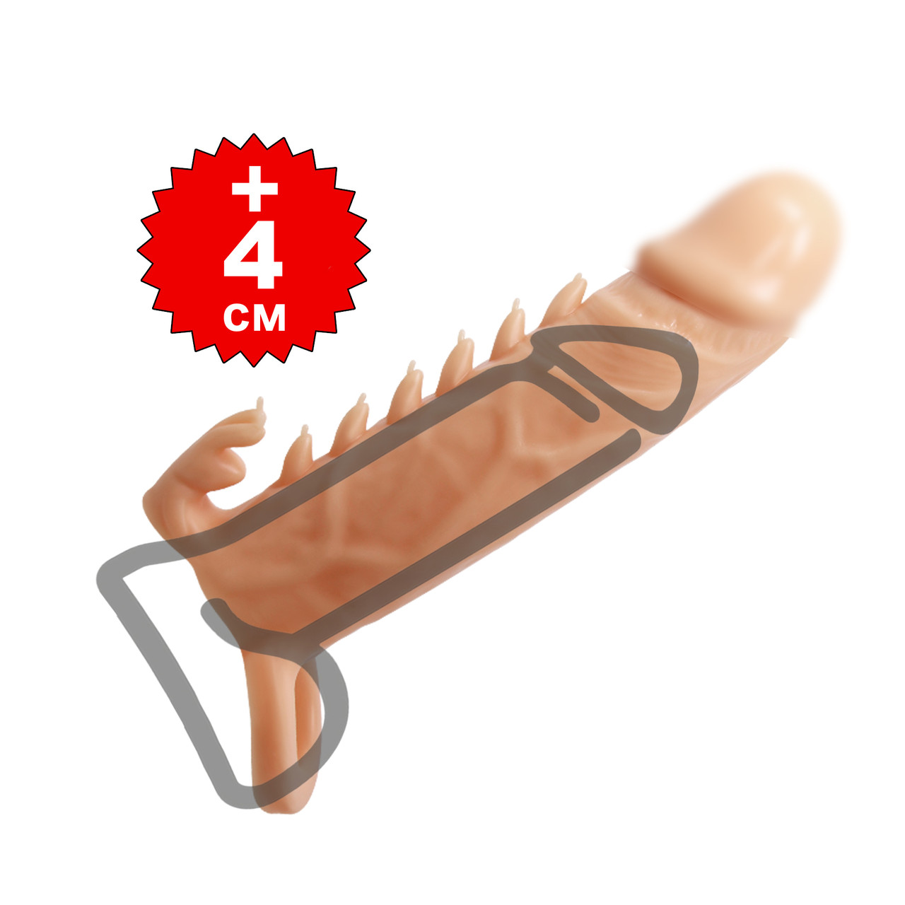 Насадка на пеніс для збільшення члена на 4 см тілесного кольору з петлею для продовження статевого акту, фото 1
