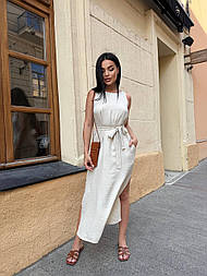 Жіноче лляне пряме плаття міді жатка з поясом, з кишенями, з розрізами збоку, натуральне, розміри 42-52