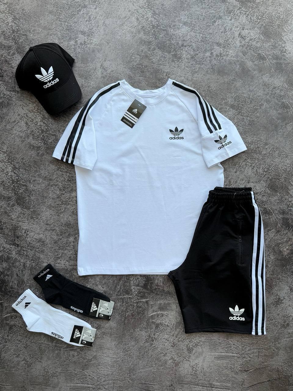 Літній чоловічий спортивний костюм футболка шорти кепка Adidas White чорний бавовна повсякденний костюм Адідас