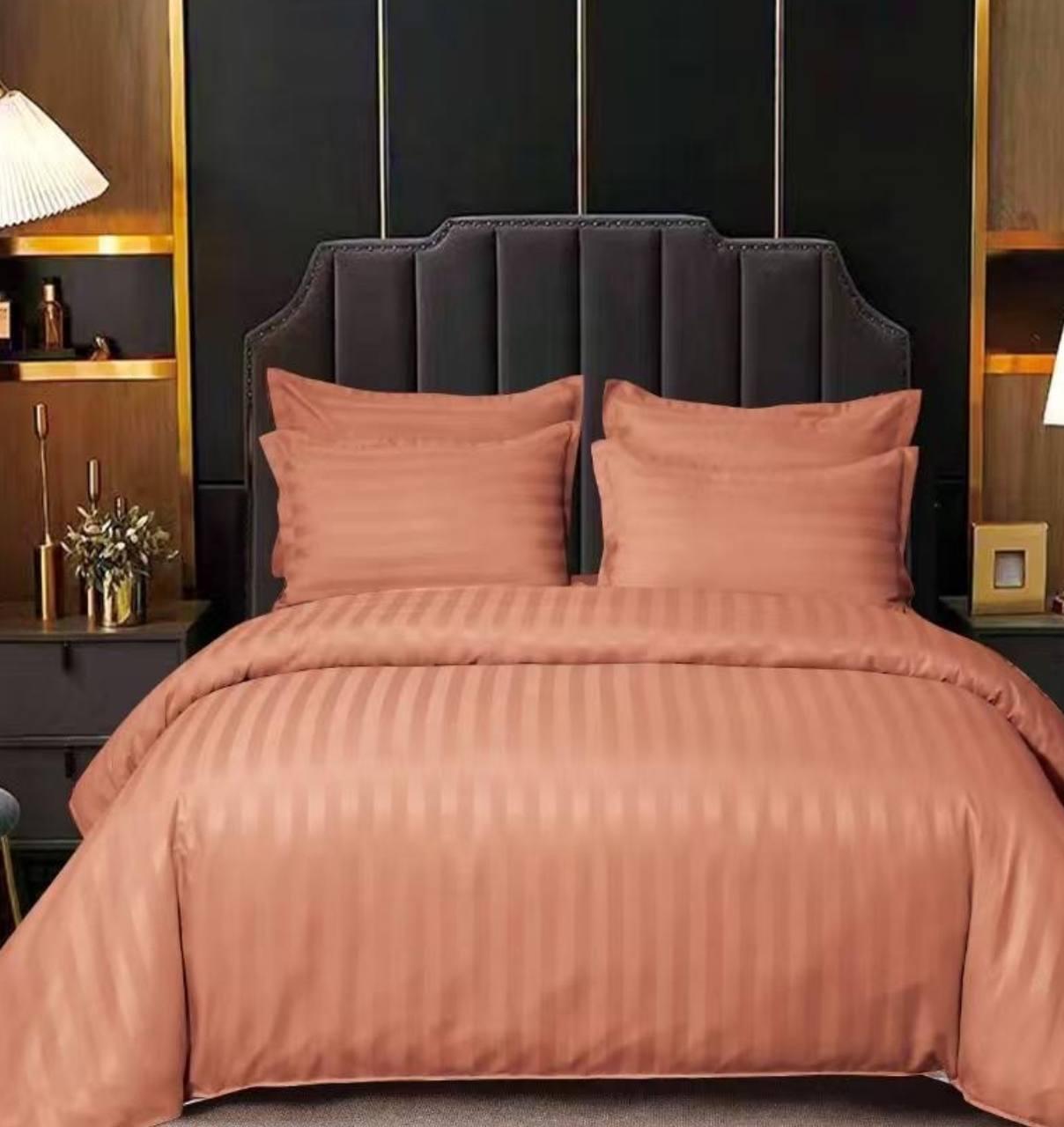 Постільна білизна євро Страйп Сатин із простирадлом на гумці теракотова, фото 1