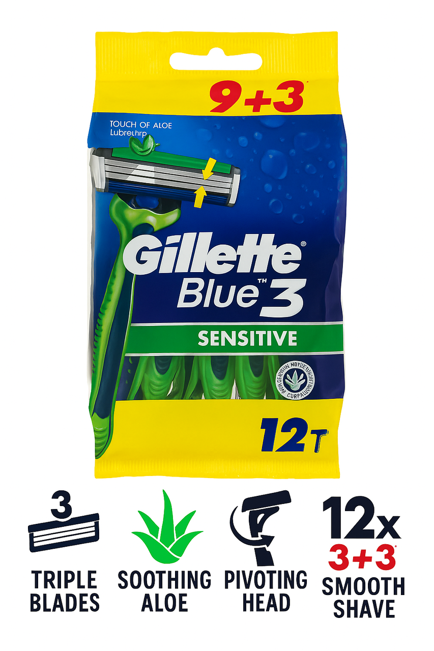 Одноразові станки Gillette Blue3 Sensitive 9+3 12 штук 3 леза з алое для чутливої шкіри, фото 1