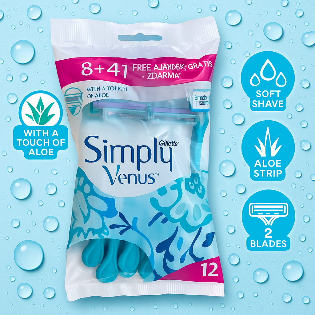 Одноразові бритви Gillette Simply Venus 12 шт (8+4) жіночі станки з алое для гладкого гоління, фото 1