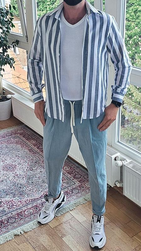 Стильний лляний чоловічий костюм смугаста сорочка і штани комплект легкий класичний, фото 1