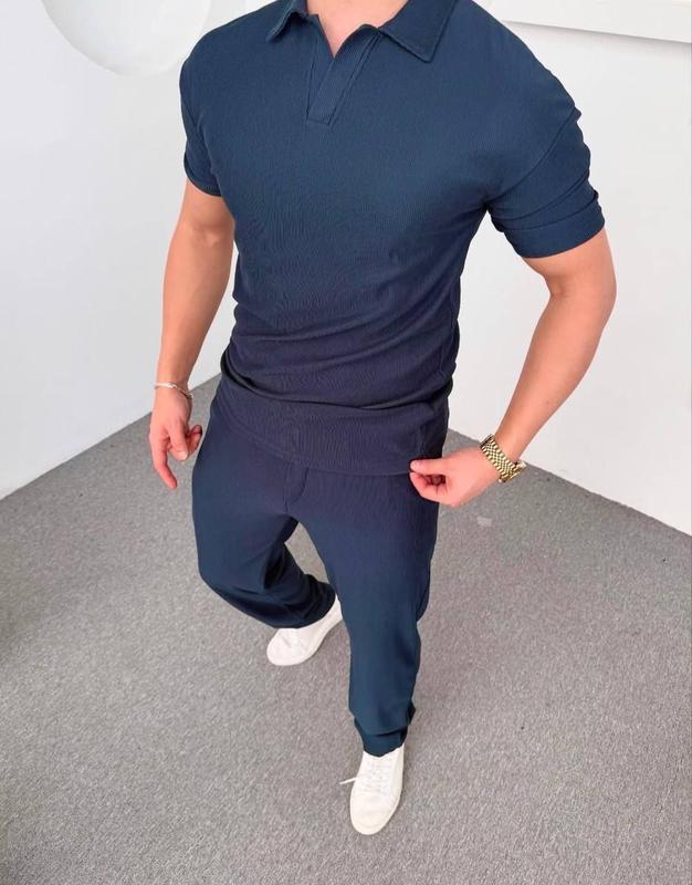 Стильний солідний чоловічий костюм в рубчик футболка поло і прямі штани, фото 1