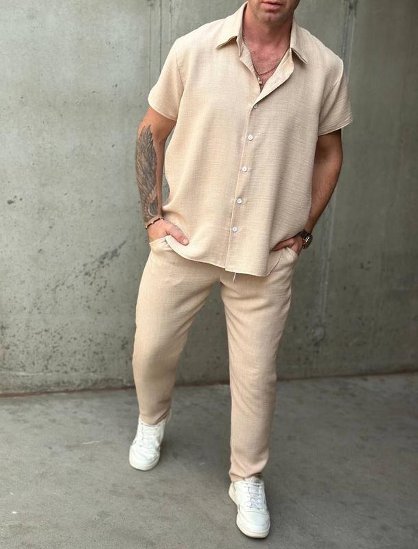 Солідний лляний чоловічий костюм сорочка з короткими рукавами і штани стильний комплект легкий, фото 1