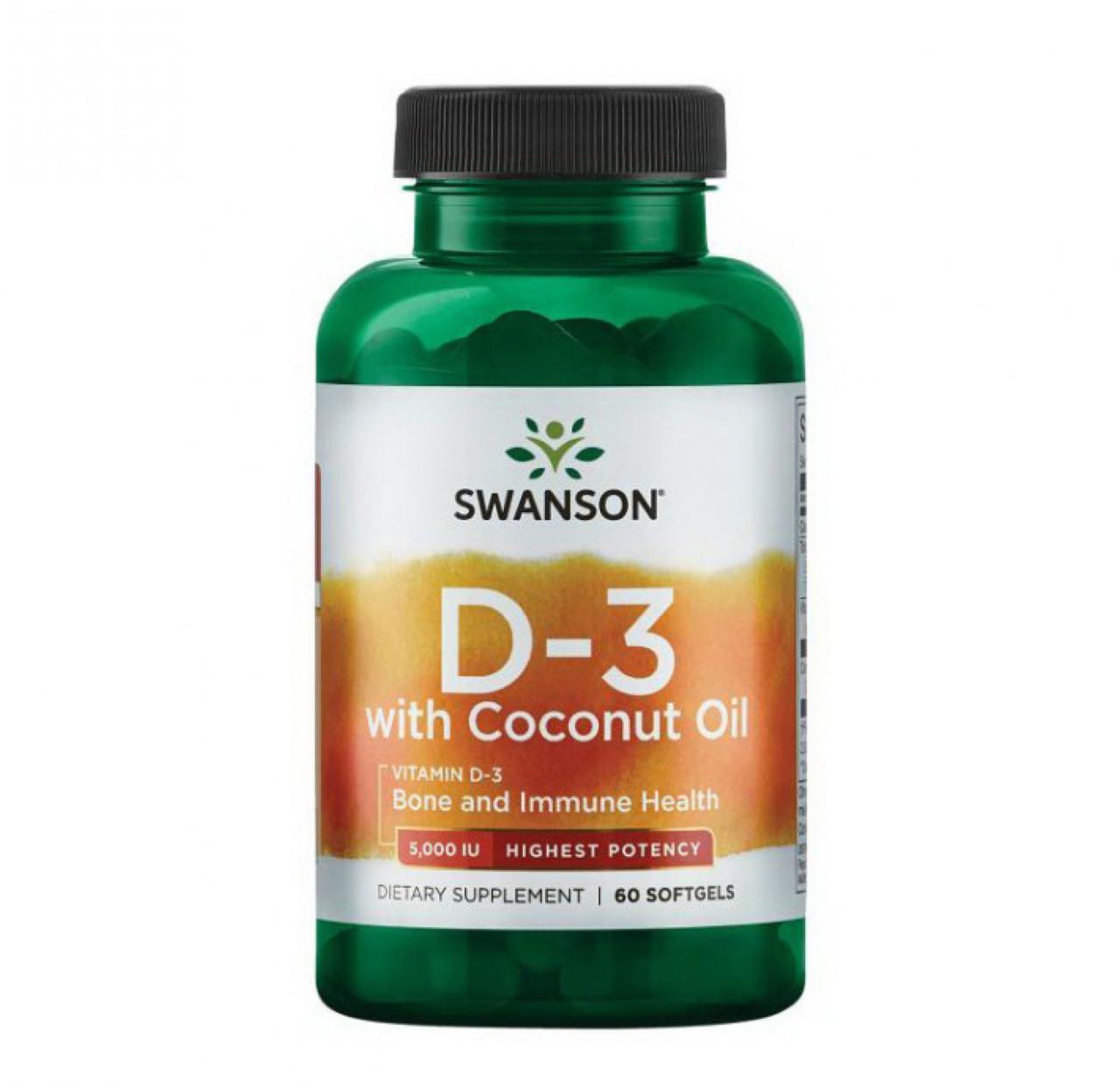 D3 з кокосовим маслом Swanson D3 with Coconut oil, 125 мкг (5000 МО), 60 м'яких таблеток, фото 1