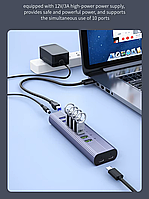 USB хаб DM CHB027 USB 3.0 + QC3.0 10 портів алюмінієвий з блоком живлення hub концентратор, фото 2