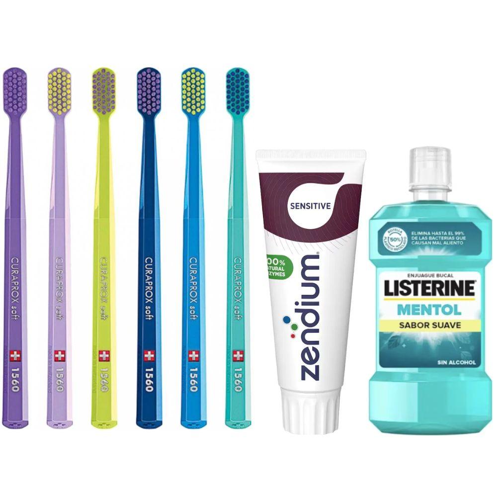 Зубна щітка Curaprox CS 1560 Soft для чутливих ясен + паста Zendium Sensitive + ополіскувач LISTERINE mentol Sabor Suave 0% alc.