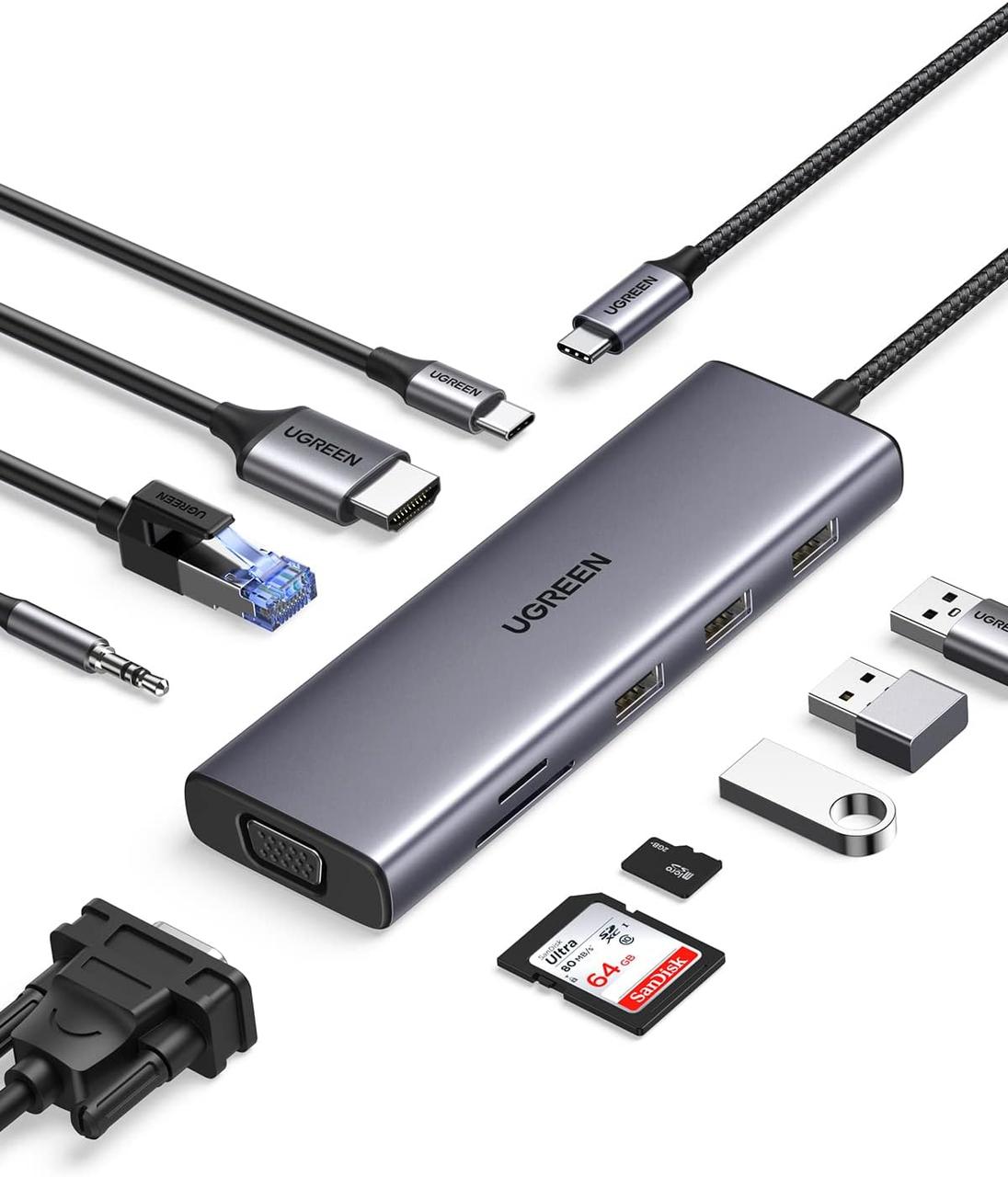 USB-концентратор UGREEN USB C to USB-C 10-in-1 Dongle with Dual Monitor 4K HDMI and VGA, 1Gbps Grey (CM498), фото 1