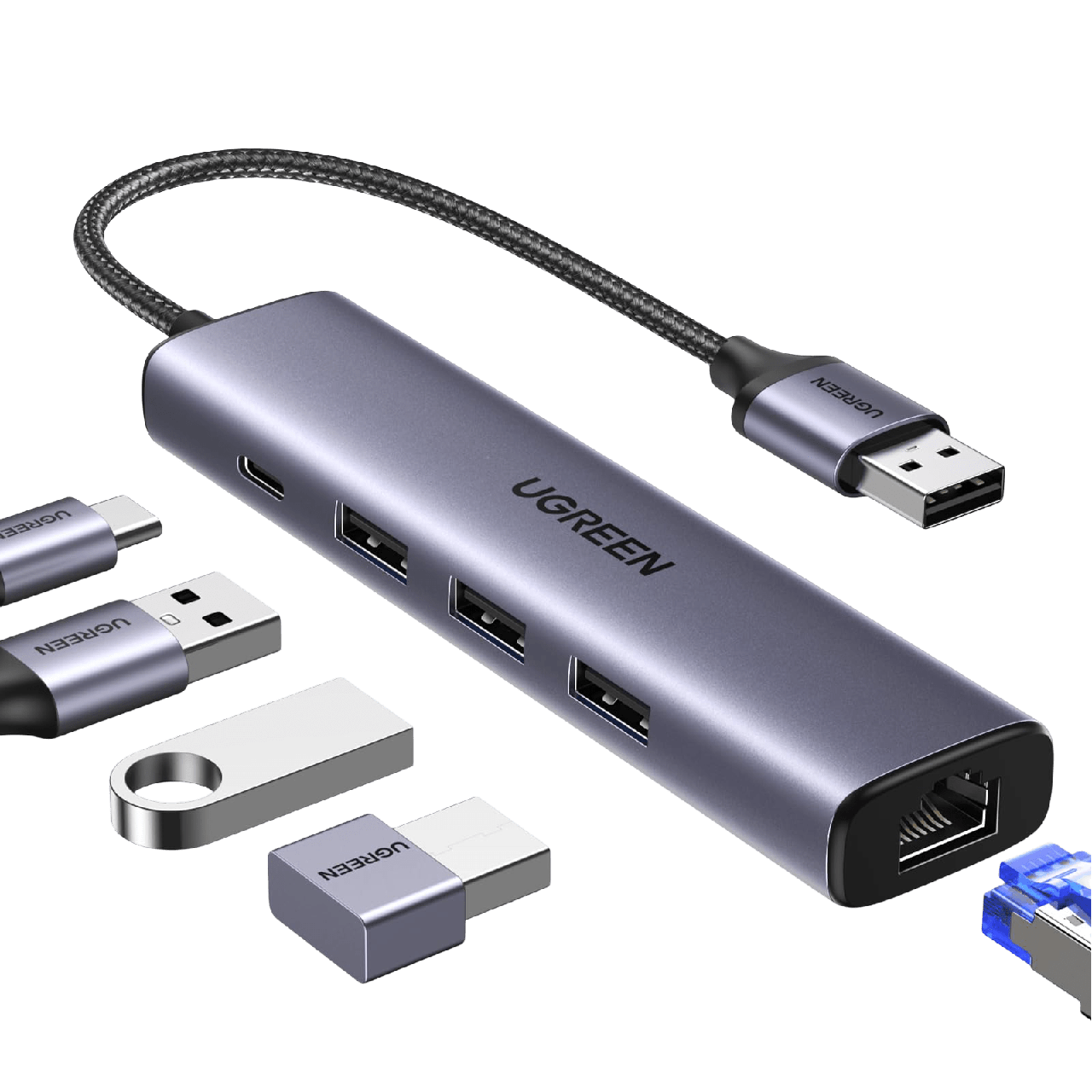 USB-концентратор UGREEN USB 3.0 to Ethernet Adapter 5 in 1 Multiport Hub Grey (CM475), фото 1
