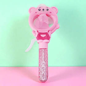 Механічний вентилятор з мильними бульбашками 2в1 Ведмедик, 21см, Рожевий (Іграшка з мильними бульбашками для дітей)